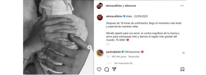 Nació Alaia, la hija de Alex Mac Allister y Ailén Cova